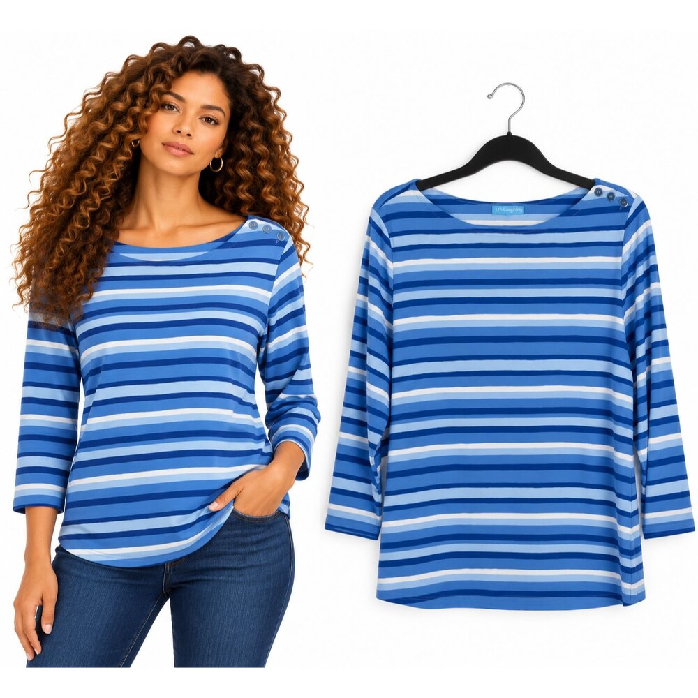 J.McLaughlin 3/4 Sleeve Boat Neck Top Size XL Blue Striped Shoulder Buttons